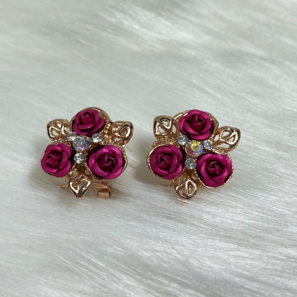 Pink Roses Gold Tone AB Rhinestone Pierced Earring - Picture 3 of 10
